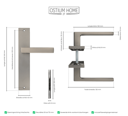 Maattekening van deurklink Fano in gun metal