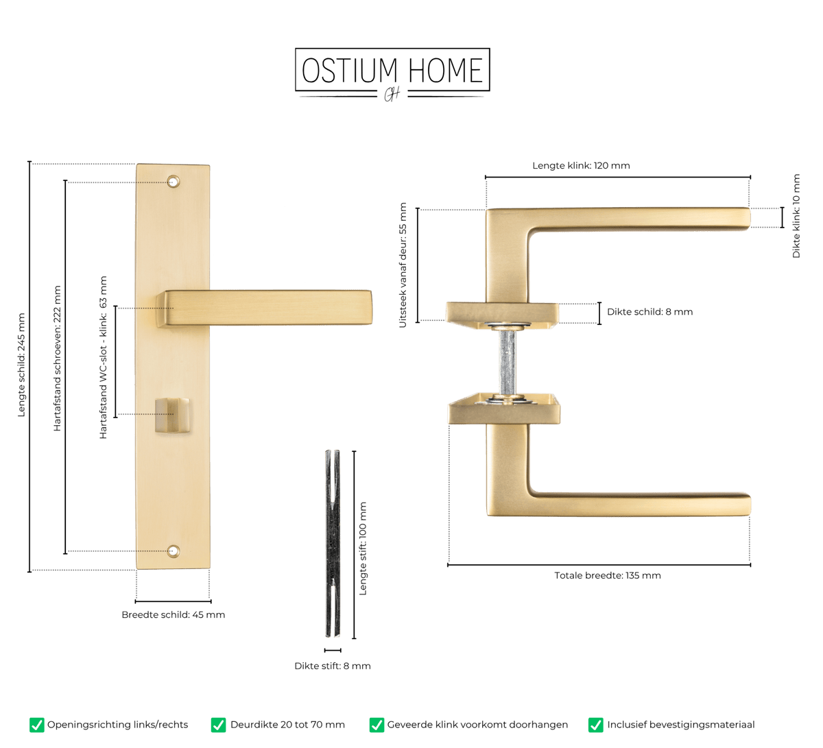 Maattekening van deurklink Alassio in goud met WC-sluiting 63 mm