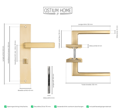 Maattekening van deurklink Alassio in goud met WC-sluiting 63 mm