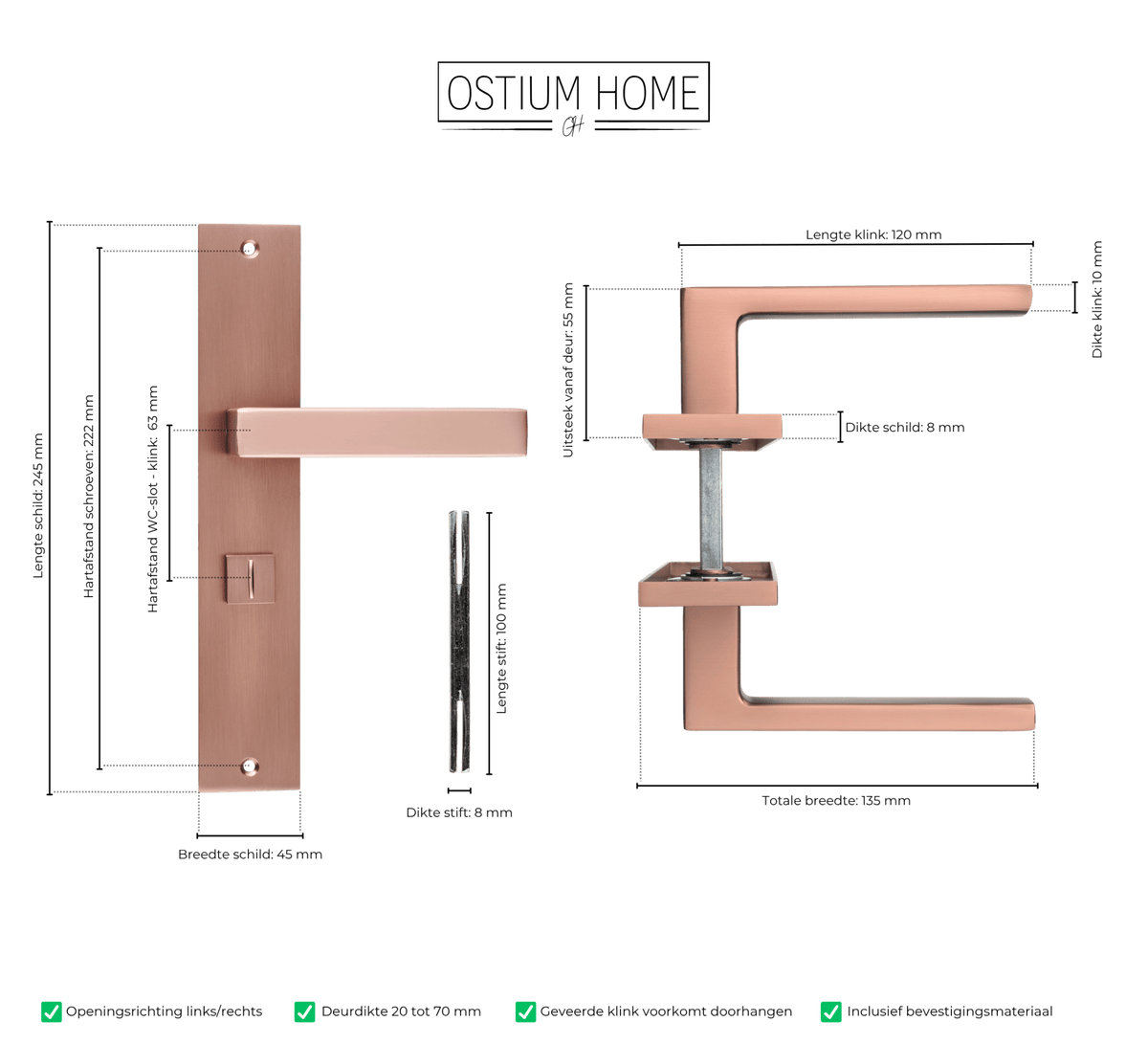 Maattekening van deurklink Collodi in koper met WC-sluiting 63 mm