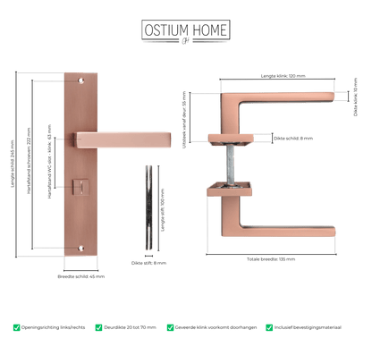 Maattekening van deurklink Collodi in koper met WC-sluiting 63 mm