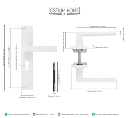 Maattekening van deurklink Lorto in wit met cilindergat 55 mm