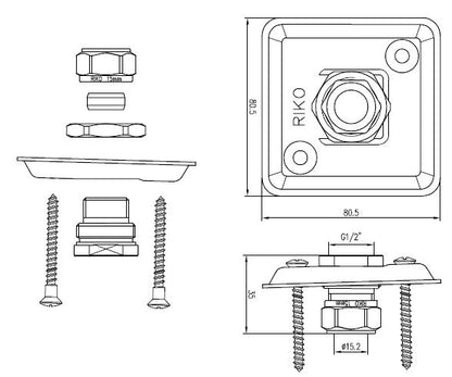 Lijntekening Gevelplaat 1/2 inch x 15mm chroom