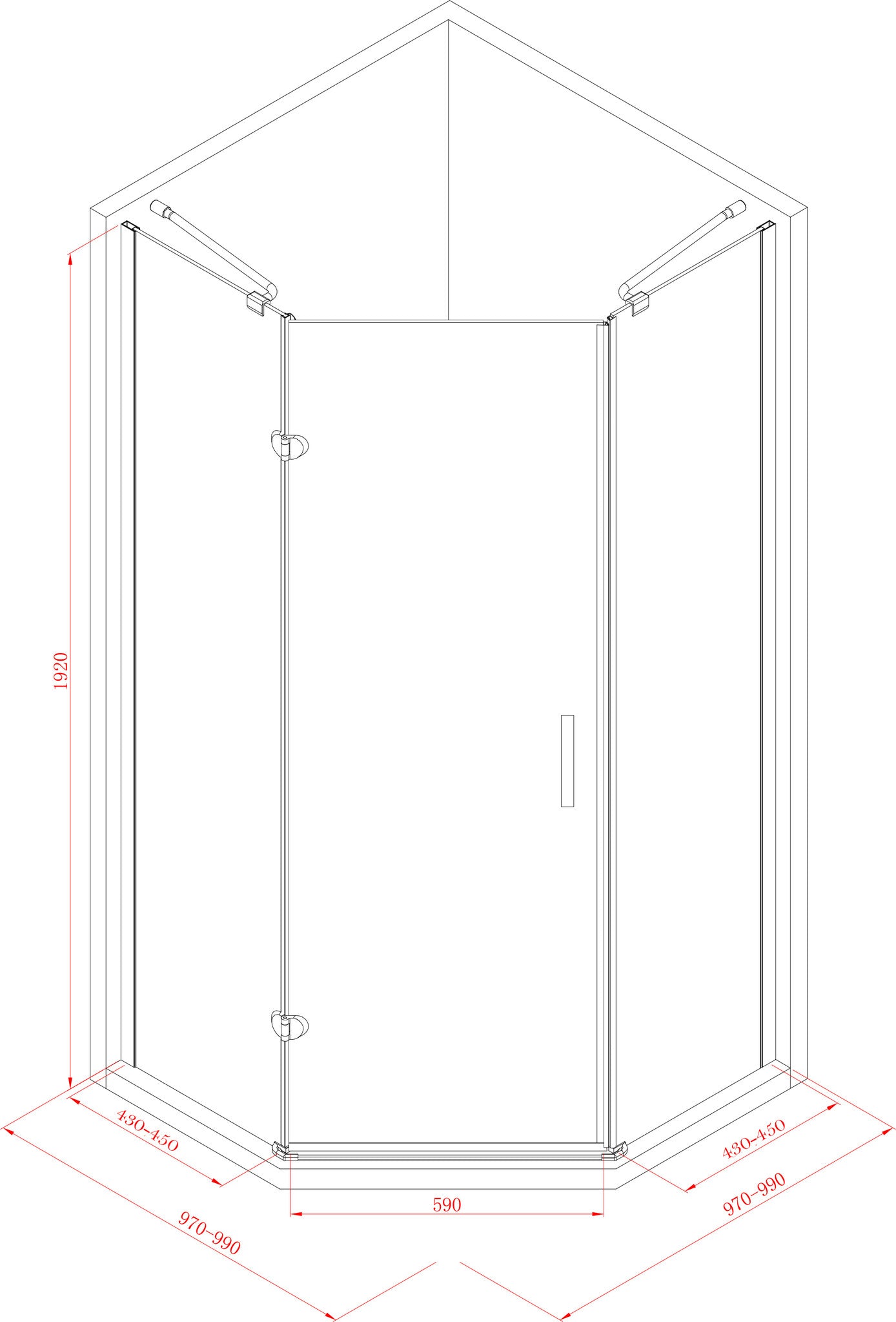 Vijfhoek cabine met 1 deur 100 - WDtegels