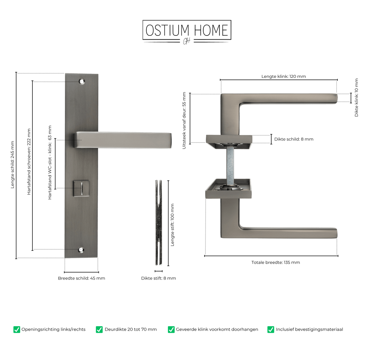 Maattekening van deurklink Fano in gun metal met WC-sluiting 63 mm