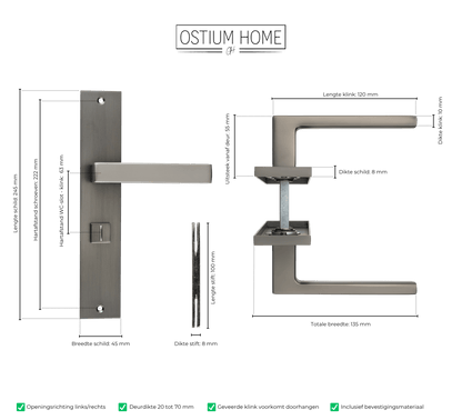 Maattekening van deurklink Fano in gun metal met WC-sluiting 63 mm