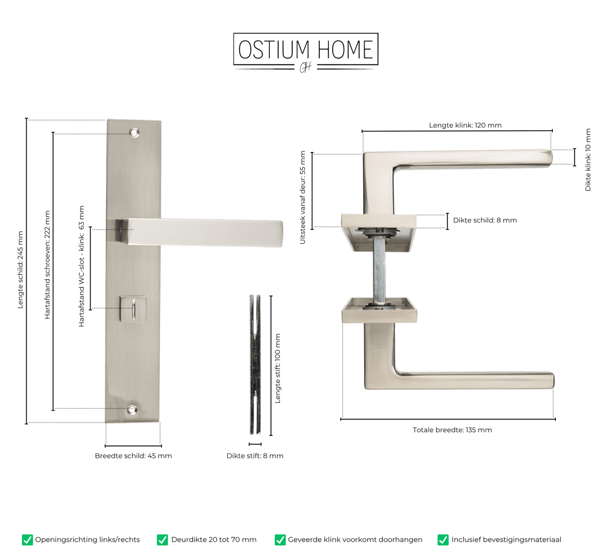 Maattekening van deurklink Grado in RVS met WC-sluiting 63 mm