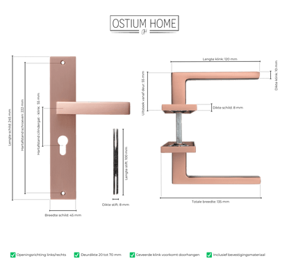 Maattekening van deurklink Collodi in koper met cilindergat 55 mm