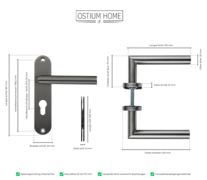 Maattekening van deurklink Silvano in gun metal met cilindergat