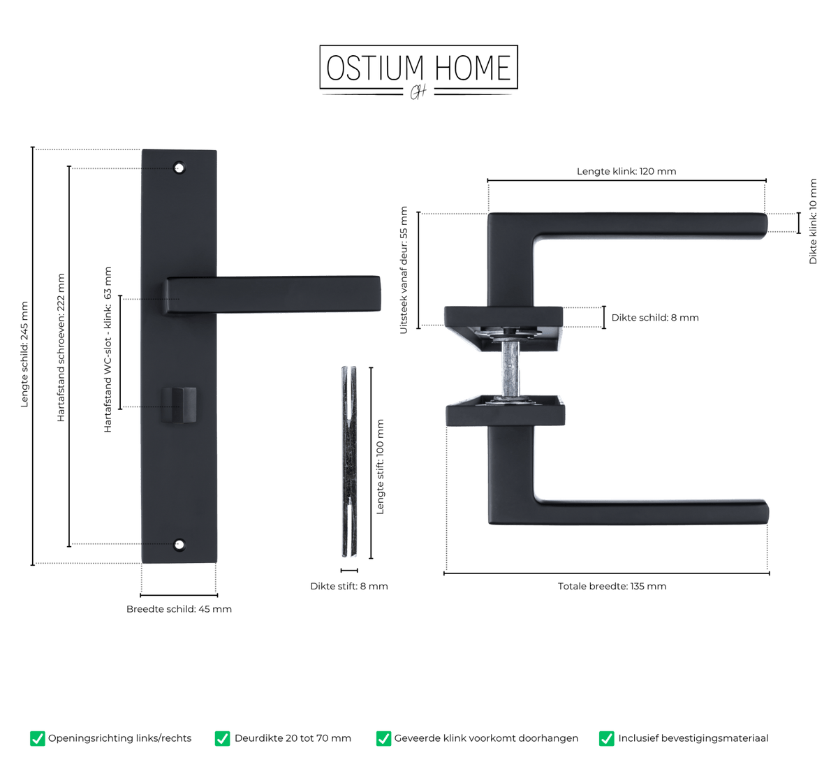 Maattekening van deurklink Veneto in zwart met WC-sluiting 63 mm