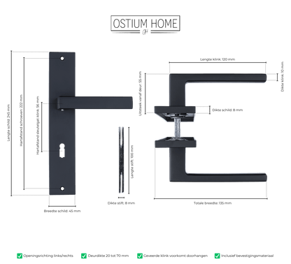 Maattekening van deurklink Veneto in zwart met sleutelgat 56 mm