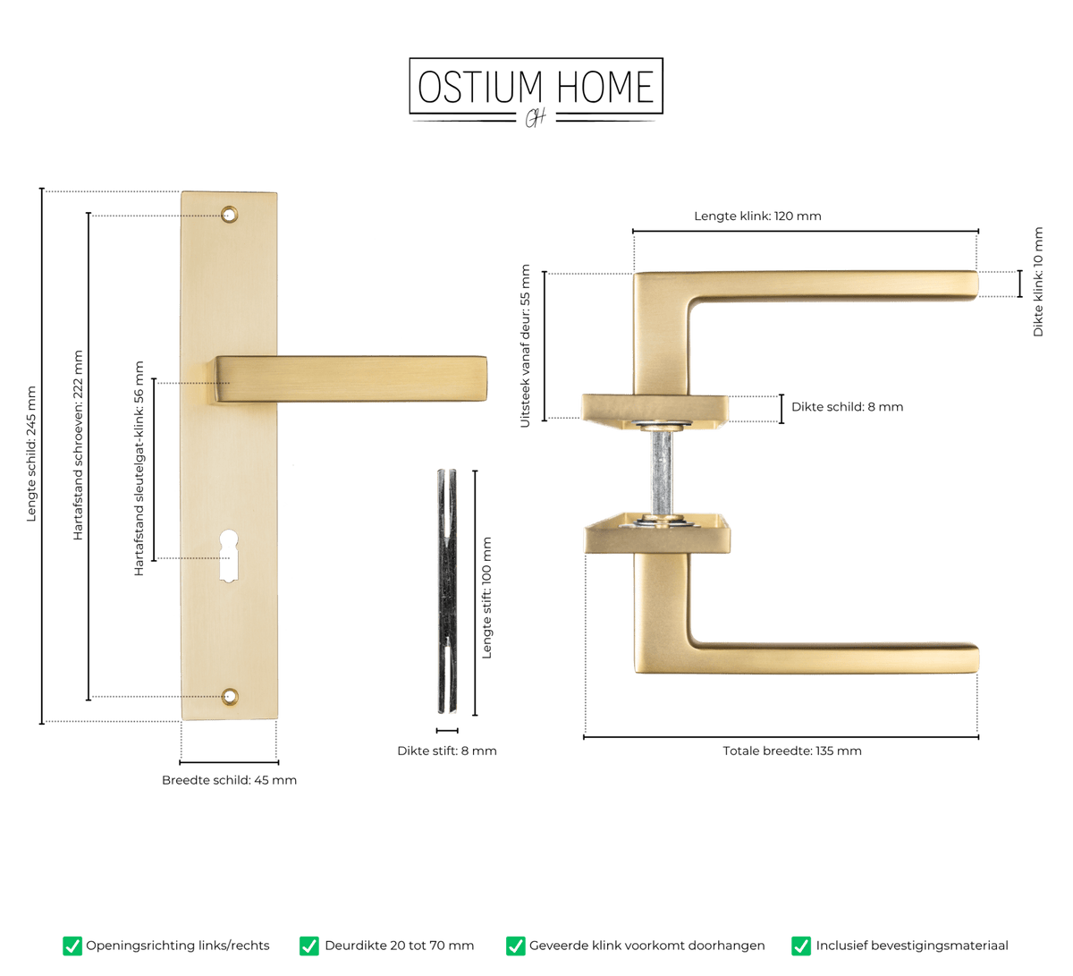 Maattekening van deurklink Alassio in goud met sleutelgat 56 mm