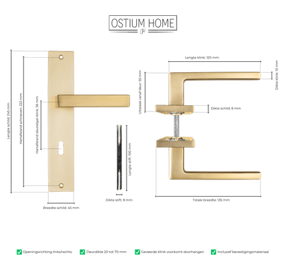 Maattekening van deurklink Alassio in goud met sleutelgat 56 mm