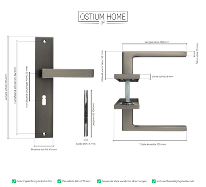 Maattekening van deurklink Fano in gun metal met sleutelgat 56 mm