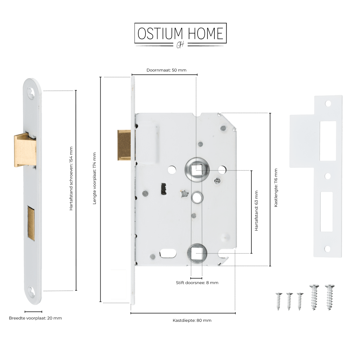 Maattekening van wC-insteekslot wit WC 63 mm