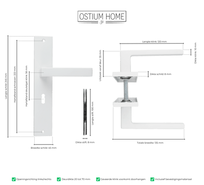 Maattekening van deurklink Lorto in wit met sleutelgat 56 mm