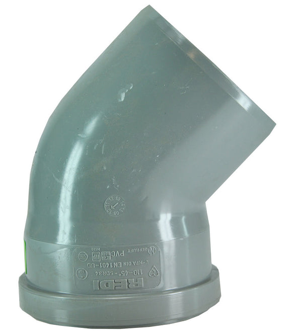Codo de desagüe con junta 110mm x espiga 110mm 45 grados PVC