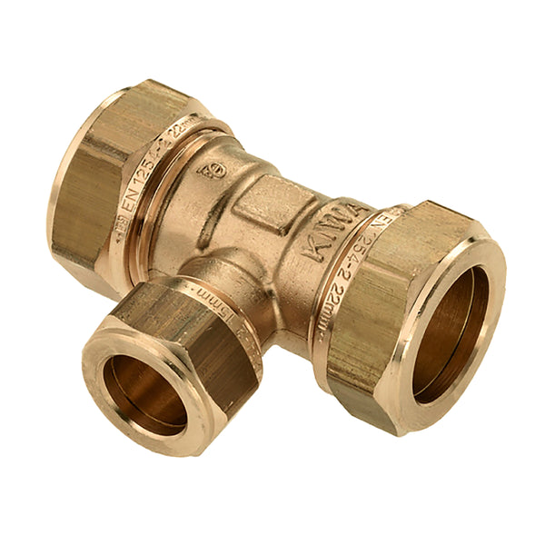 Conexión en T de latón KIWA Gastec 28mm x 22mm x 28mm de compresión