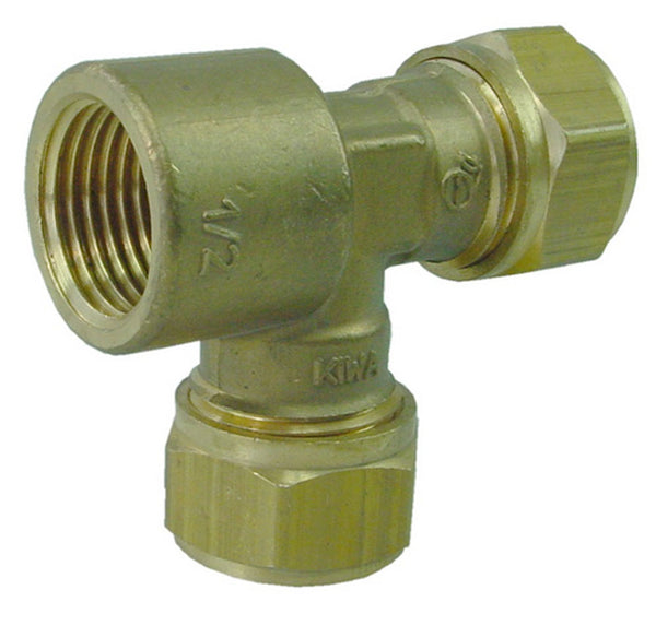 Racor de compresión en T KIWA Gastec de latón, 15mm x 15mm x 1/2" hembra