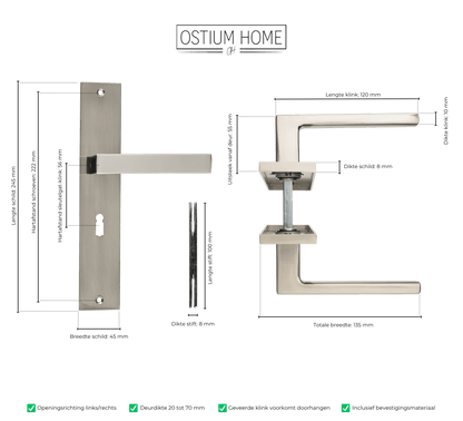 Maattekening van deurklink Grado in RVS met sleutelgat 56 mm