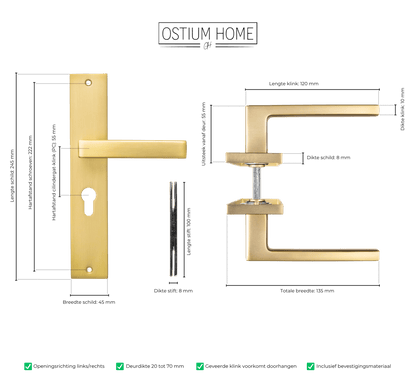 Maattekening van deurklink Alassio in goud met cilindergat 55 mm