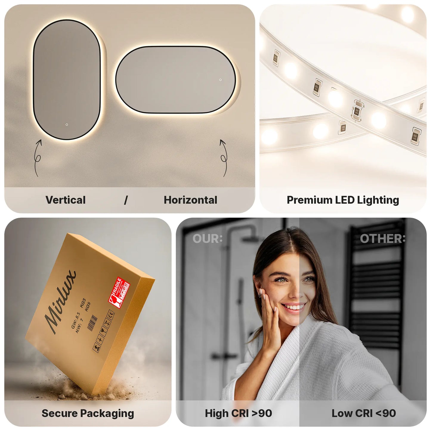 Badkamerspiegel - 90x50cm Ovaal - Zwart Frame