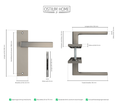 Maattekening van deurklink Novara in gun metal
