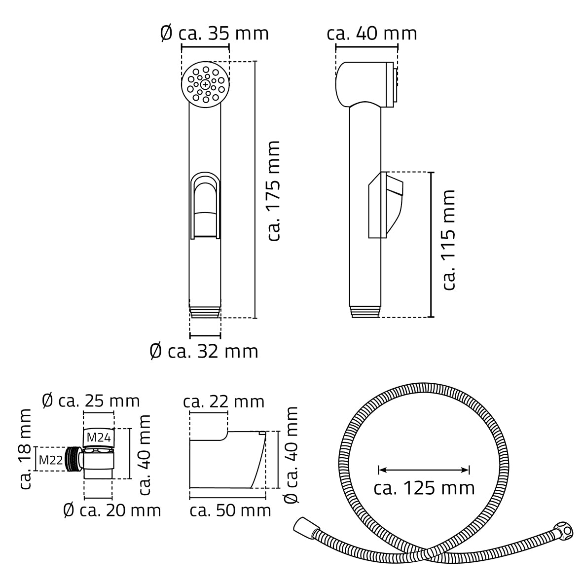 Maattekening Ridder Lyon doucheslang met handdouche voor wastafelkraan 125cm Chroom