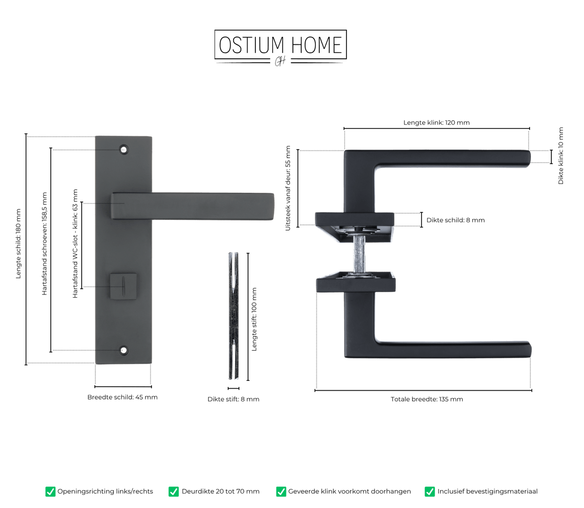 Maattekening van deurklink Ravello in zwart met WC-sluiting 63 mm