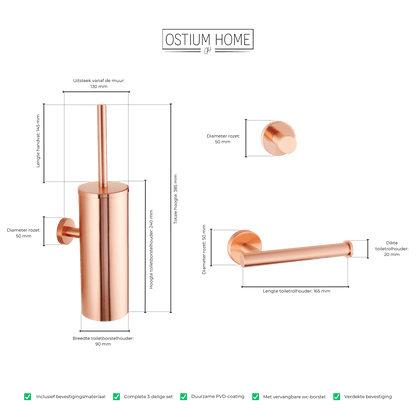 Maattekening van 3-delige toiletaccessoireset Stanio in rosé koper