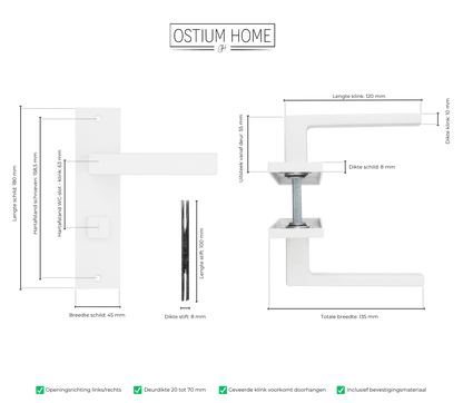 Maattekening van deurklink Arezzo in wit met WC-sluiting 63 mm