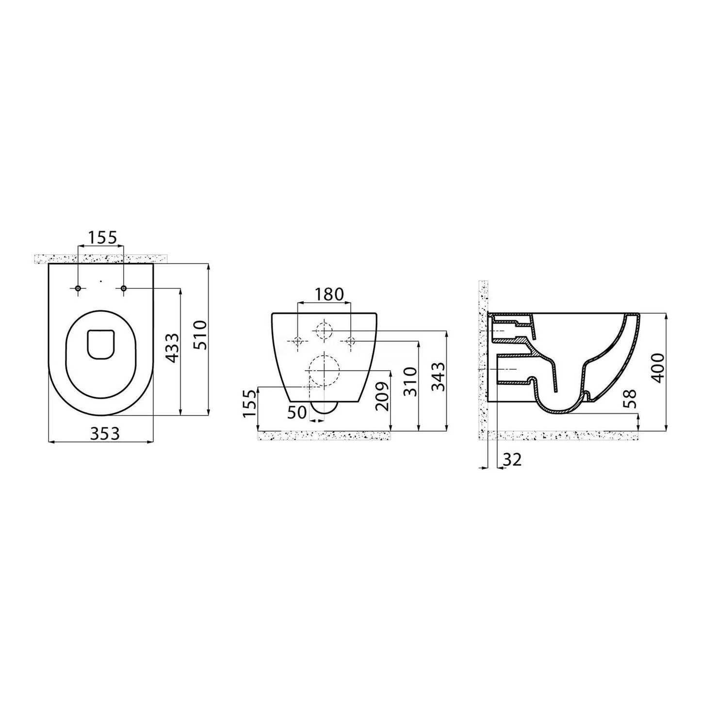 Creavit Design Hangend Toilet - 35.3x51cm - Spoelrandloos - Mat Zwart - WDtegels
