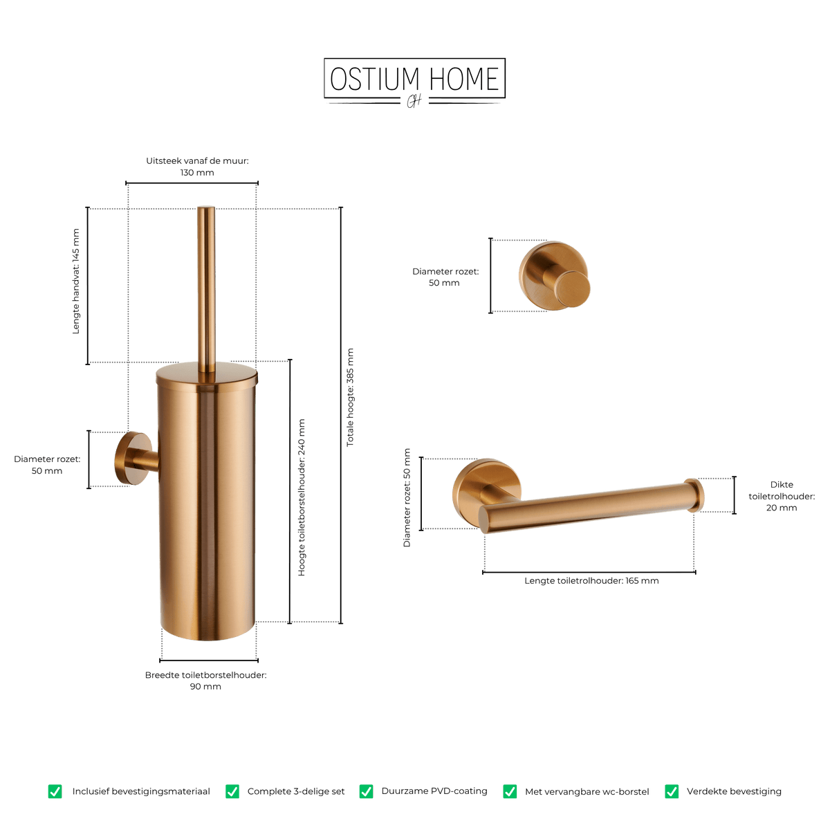 Maattekening van 3-delige toiletaccessoireset Stanio in brons
