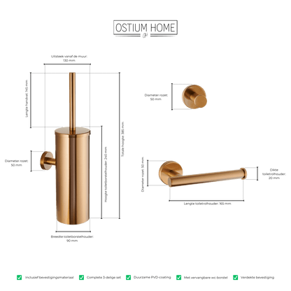 Maattekening van 3-delige toiletaccessoireset Stanio in brons
