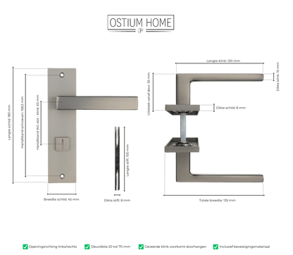 Maattekening van deurklink Novara in gun metal met WC-sluiting 63 mm