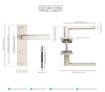 Maattekening van deurklink Merano in RVS met WC-sluiting 63 mm
