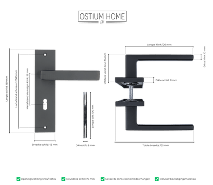 Maattekening van deurklink Ravello in zwart met sleutelgat 56 mm