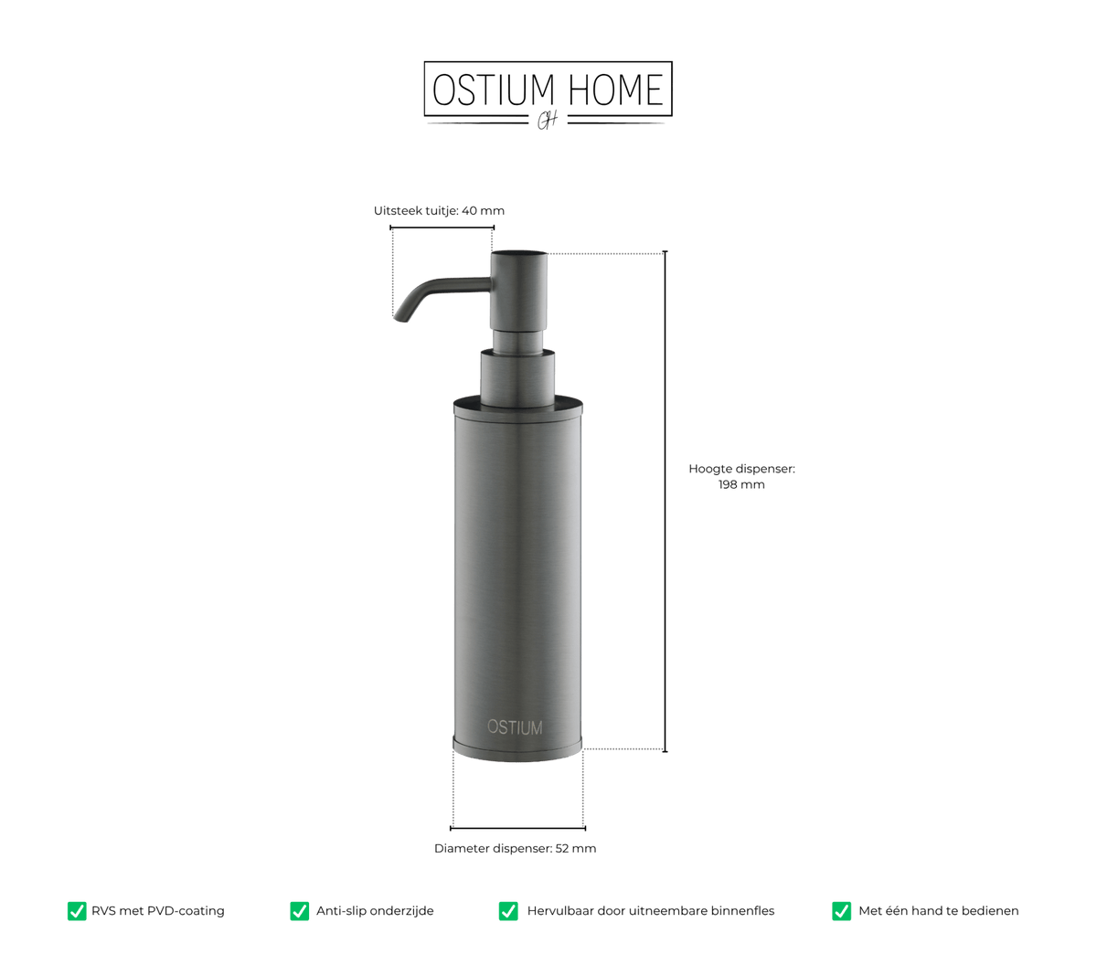 Maattekening van zeepdispenser Saponi in gun metal