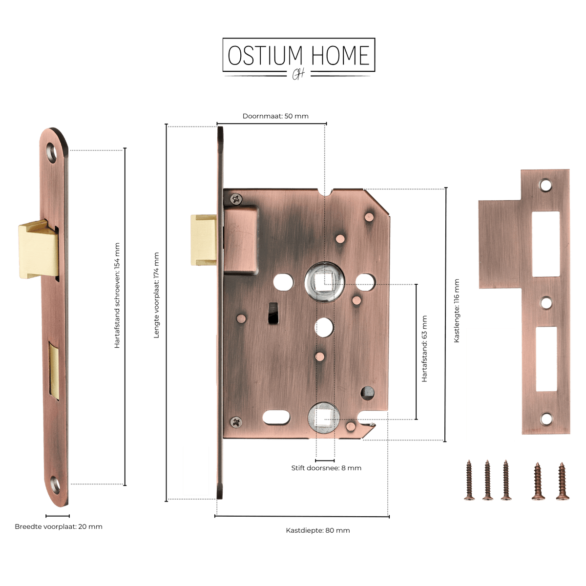 Maattekening van wC-insteekslot koper WC 63 mm