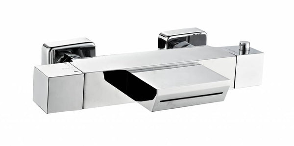 Thermostatic bath mixer with waterfall spout, square chrome