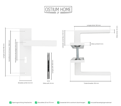 Maattekening van deurklink Arezzo in wit met sleutelgat 56 mm