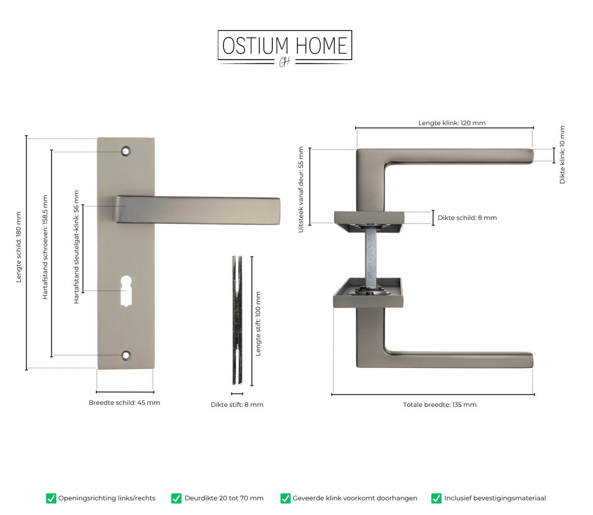 Maattekening van deurklink Novara in gun metal met sleutelgat 56 mm