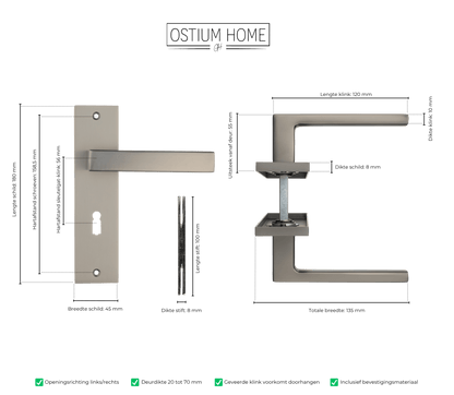 Maattekening van deurklink Novara in gun metal met sleutelgat 56 mm
