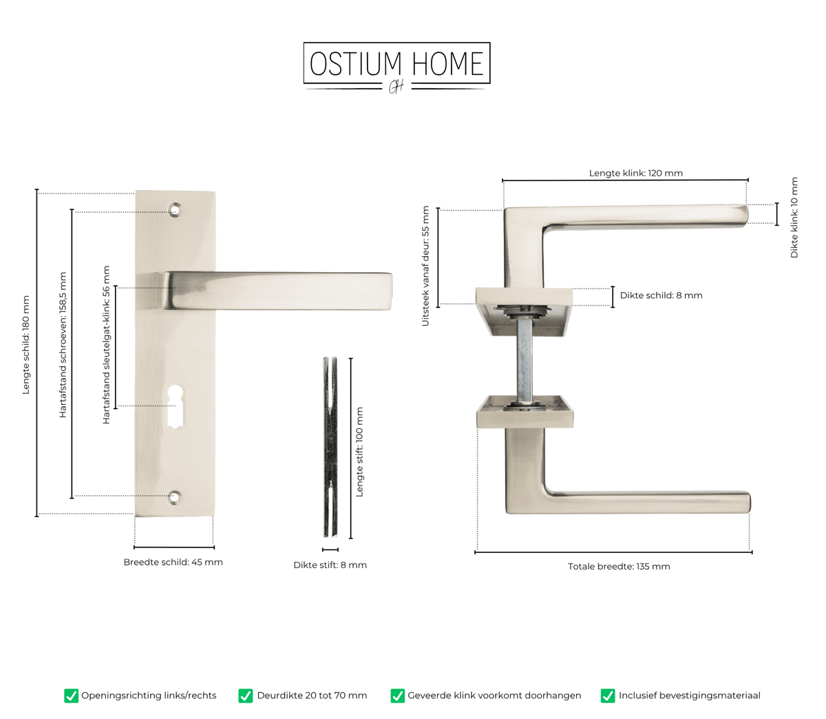 Maattekening van deurklink Merano in RVS met sleutelgat 56 mm
