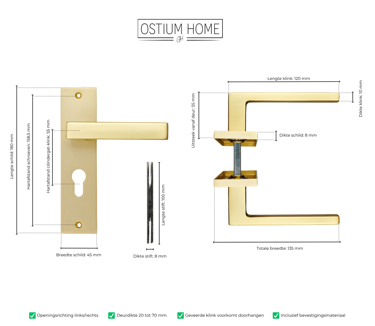 Maattekening van deurklink Avola in goud met cilindergat 55 mm