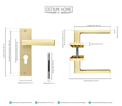 Maattekening van deurklink Avola in goud met cilindergat 55 mm