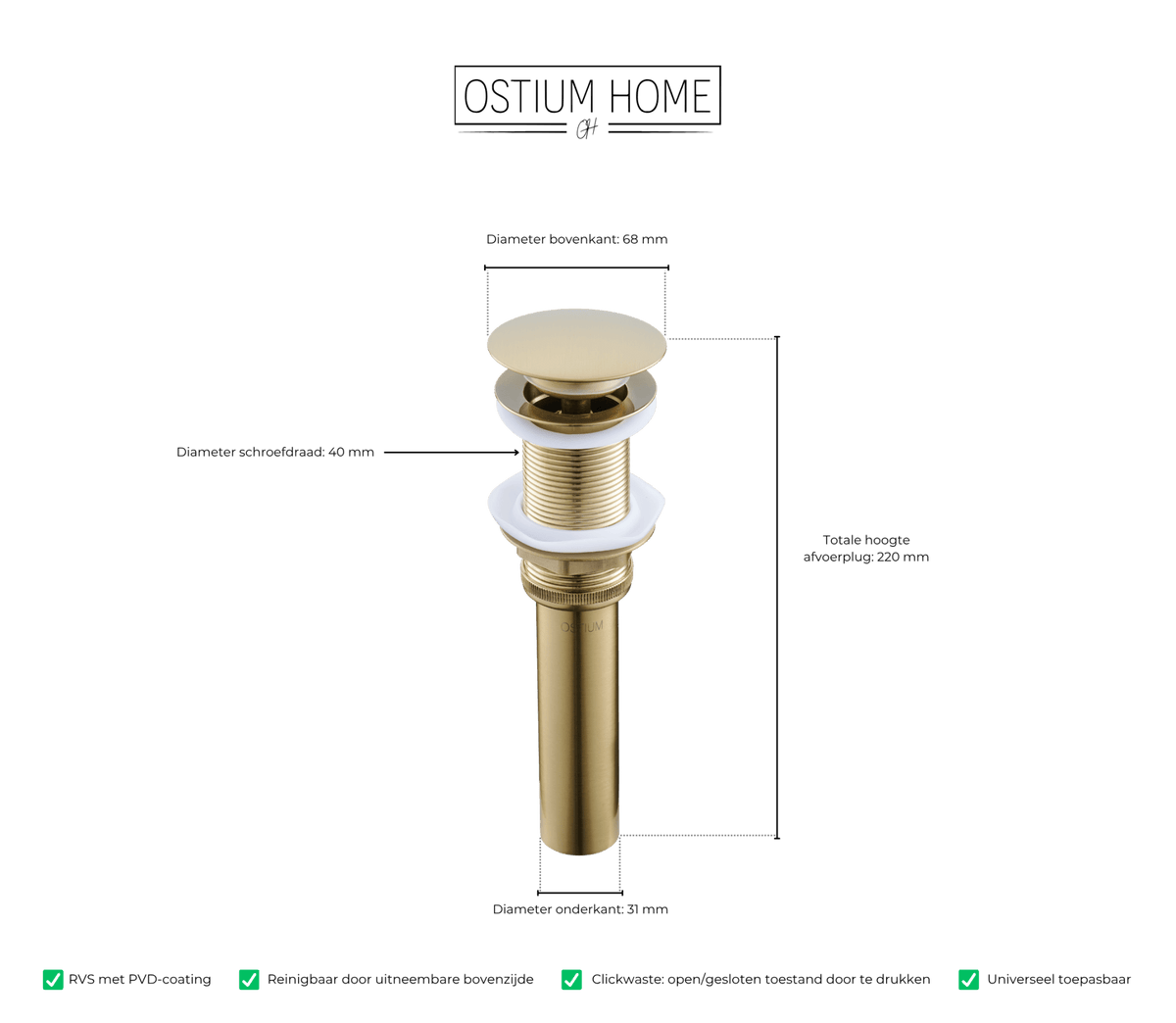 Maattekening van clickwaste afvoerplug Fluezza in mat goud
