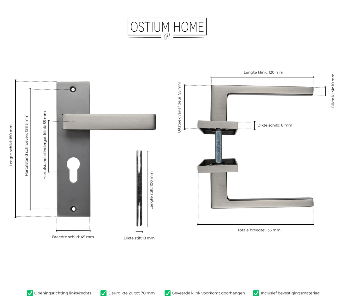 Maattekening van deurklink Novara in gun metal met cilindergat 55 mm