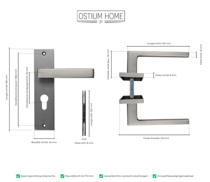 Maattekening van deurklink Novara in gun metal met cilindergat 55 mm