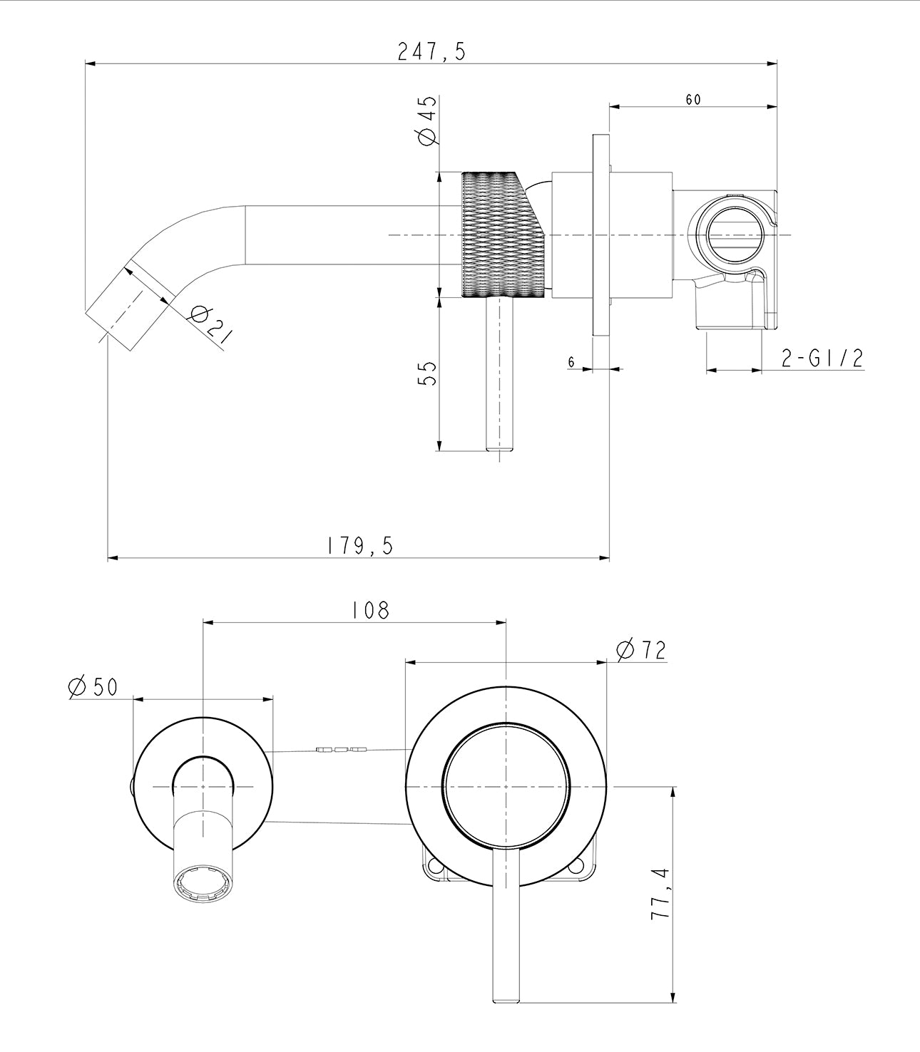 Ribbd inbouw-wastafelmengkraan eenhendel compleet mat zwart